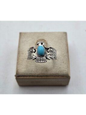 Silver  Tone Thunderbird Ring With Faux Turquoise Stone